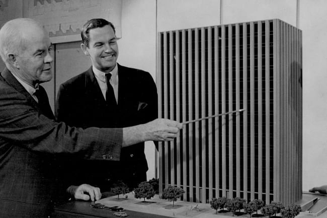 Welton Becket, left, and nephew MacDonald Becket display the model for Northrop Grumman headquarters in Century City. (Photo | Courtesy of WBA)