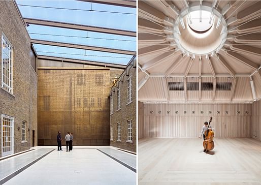 (Left) Hackney Town Hall; designed by Hawkins/Brown. Photo Credit: Siobhan Doran. (Right) Royal Academy of Music – The Susie Sainsbury Theatre & The Angela Burgess Recital Hall; designed by Ian Ritchie Architects. Photo Credit: Adam Scott.