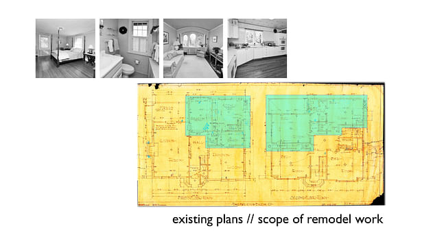 Photos of pre-remodel condition with scope diagrams