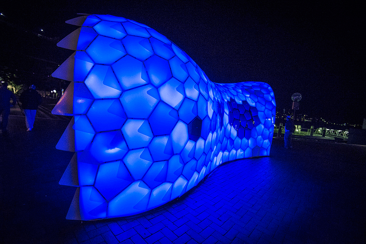 Cellular Tessellation on site at the Vivid Light festival in Sydney, Australia. Photo by Patrick Boland photography.