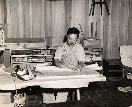 George Nakashima making some technical drawings inside his workshop in New Hope, Pennsylvania.