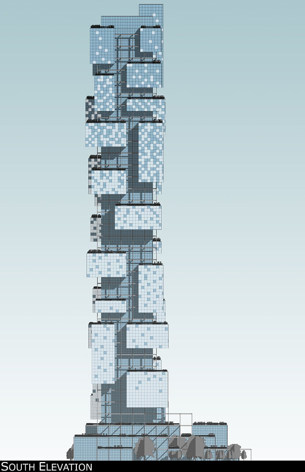 South elevation rendering showing one possible pattern achievable with smart glass