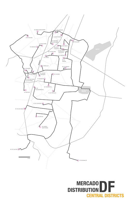 Diagram of Mercado Distribution (only in the Central Districts) and street system, relative to the Central de Abastos. image by Chris DeHenzel