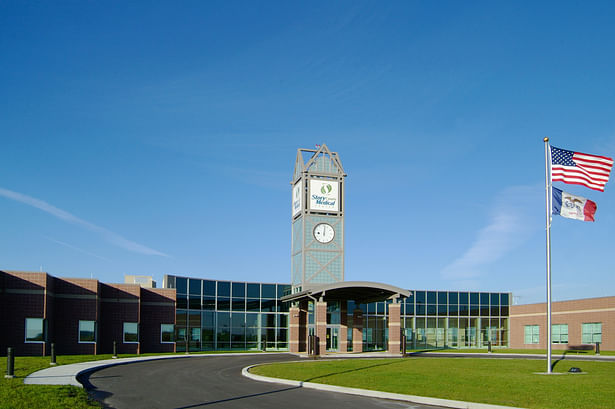 Main entrance of Story County Medical Center under the clock tower. 
