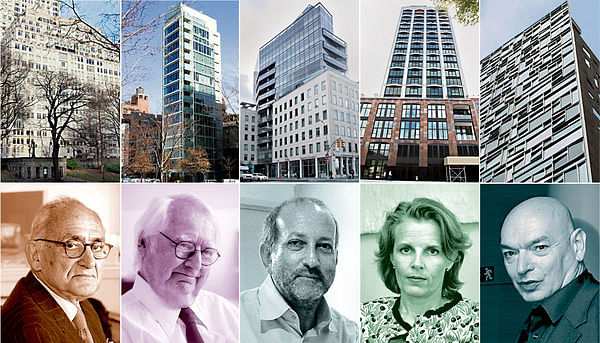 Pairs from left: Robert A. M. Stern and 15 Central Park West; Richard Meier and 173 Perry Street; Enrique Norten and One York Street; Annabelle Selldorf and 200 11th Avenue; Jean Nouvel and 100 11th Avenue image via the NYT