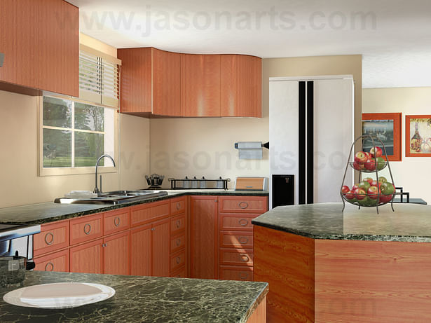 Kitchen Rendering. Built in 3DS Max 2010 in March 2010. Used PhotoShop for texture creation and composition. Cabinets and interior walls built by me. Remaining assets (Fridge, sink, fruit came from free web site downloads). Built using my own scketches and ideas. Can see my work in the blog.