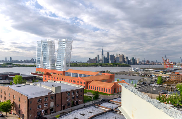 Aerial view of the 'Anchor' complex, with view of Downtown Manhattan