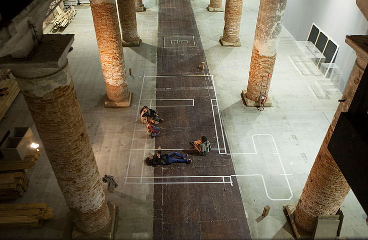 Anupama Kundoo and her team prepare to set up their installation, 'Building Knowledge,' in the Arsenale in Venice. Image credit: Marta San Vicente