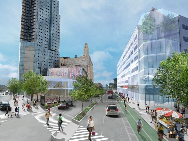 A rendering of the reinvented Fox Square, intended to be a kind of Times Square for Brooklyn. The site's reinvention could include digital concrete, embedding sensors and other LED lighting effects to improve the plaza. 