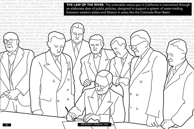 THE LAW OF THE RIVER. The untenable status quo in California is maintained through an elaborate slew of public policies, designed to support a system of water-trading between western states in areas like the Colorado River Basin. Credit: the Continental Compact team.