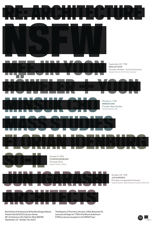 Poster for RDA/RSA's "Re: Architecture [NSFW]" Fall '13 lecture series. Design by Ian Searcy.
