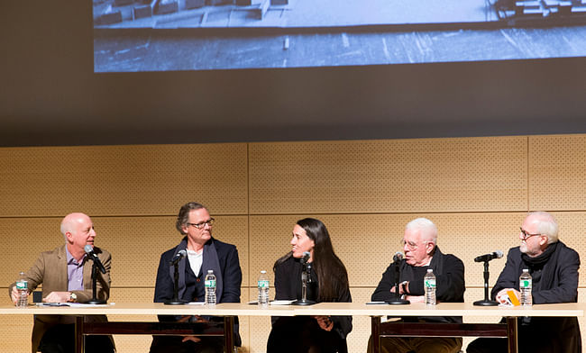 (Left to right): Moderator Paul Goldberger, David Mohney, Monica Ponce de Leon, Peter Eisenman, and Anthony Vidler. Photo Leandro Viana | courtesy of The Architectural League of New York.