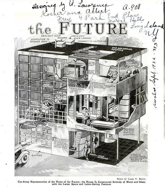 A drawn representation describing the Aluminaire House as 'the Home of the Future'.