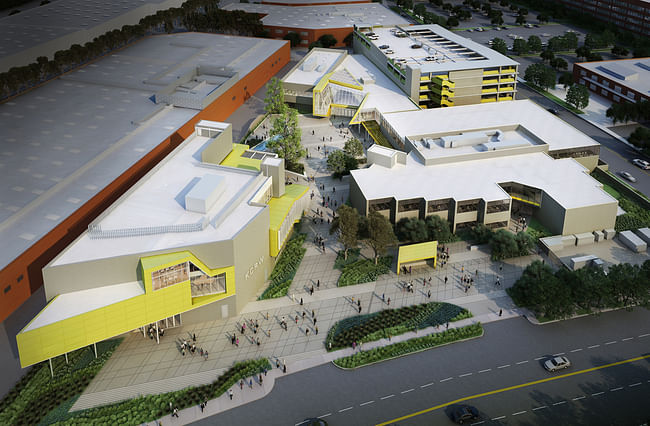 Arial view of the new Media Center. Rendering courtesy of KCRW. 