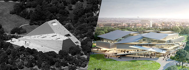 National Gallery and Ludwig Museum first-rank proposals - Left: Snøhetta (Image: tmrw.se) | Right: SANAA (Image courtesy of Liget Budapest Design Competition)