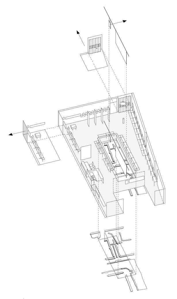 Context for the exhibition: houses nearby, memorial of 1965 and archaeological finds. Drawing: © Bernhard Denkinger