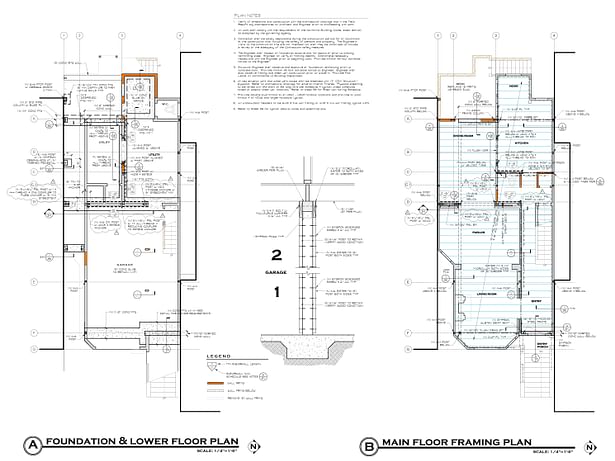 Ground and main level plans, structural detail. 