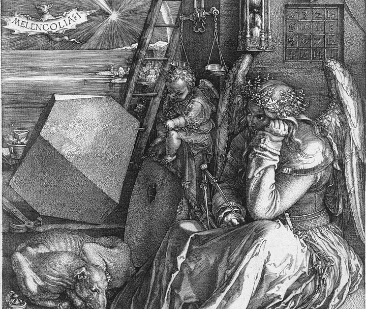 In particular, Inal and Warwas' installation referenced the enigmatic geometric form found in Albrect Dürer's Melancholia I. Via Wikipedia.