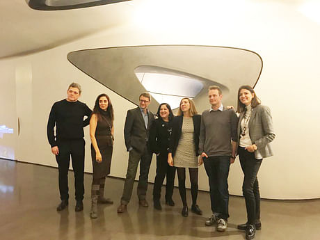 Team at work with John Palmesino, Jane Duncan, Jonathan Bell with Roca team at Roca Gallery in London.. 