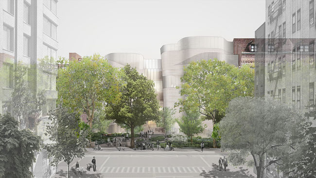 The view of the exterior façade of the Gilder Center from 79th Street and Columbus Avenue, including street trees, park plantings, and buildings on the west side of 79th Street, as it would appear at opening. Courtesy of Studio Gang Architects