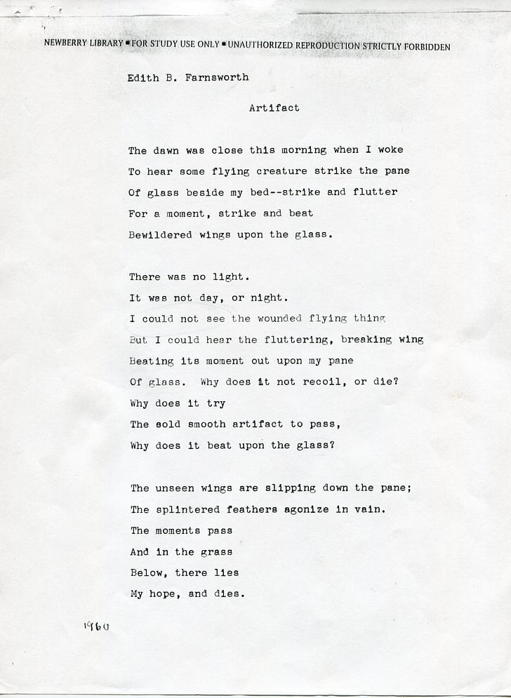 Edith B. Farnsworth, “Artifact,” unpublished poem. Courtesy and copyright of Newberry Library, Chicago, Illinois.