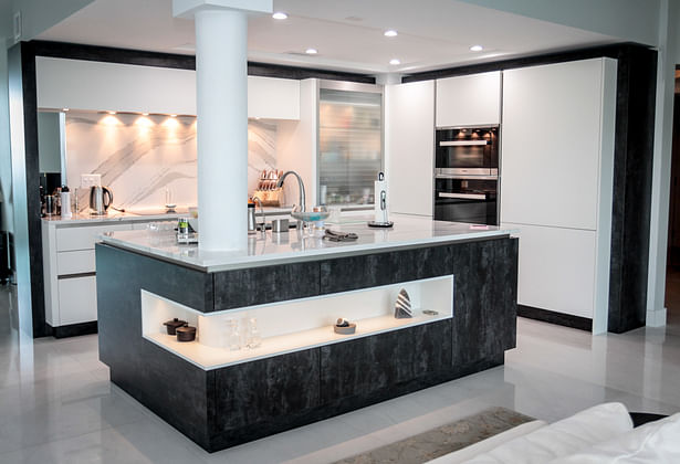 Total View of Kitchen with Open Shelf Island