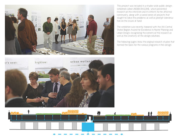 Top and Middle: Images of the studio's public design exhibition. Bottom: Diagrammatic section showing the layering of various programs and functions.