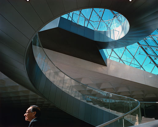 I. M. Pei inside his famed Grand Louvre pyramid structure. Image courtesy Pei Cobb Freed & Partners.