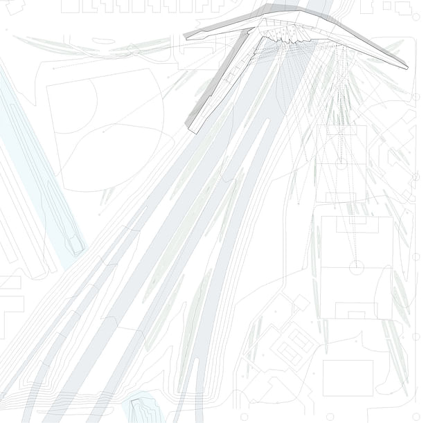 The site plan diagrams the building interaction with site, freeway infrastructure and the juxtaposition over the freeway.