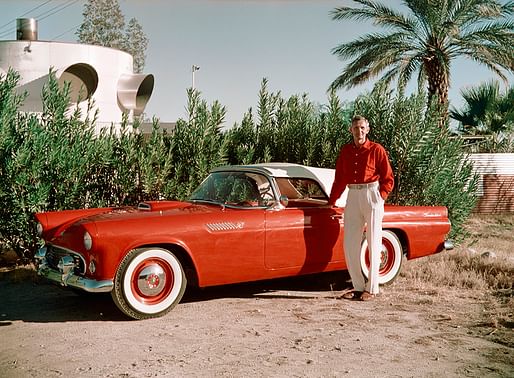 Unknown photographer, Albert Frey in front of his Ford Thunderbird at Frey House I, ca. 1955, chromogenic color print, 3 ½ x 5 inches. Collection of Palm Springs Art Museum. Jean Farrar Collection.
