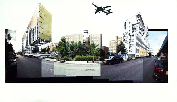 Pacific Street with recreation center at left and apartment block at right, surrounding existing tree grove