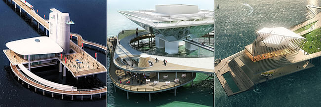 The three shortlisted proposals (from L to R): ALMA by Alfonso Architects; Destination St. Pete Pier by St. Pete Design Group; The Pier Park by Rogers Partners Architects+Urban Designers, ASD, Ken Smith. Images via newstpetepier.com, courtesy New St. Pete Pier competition.