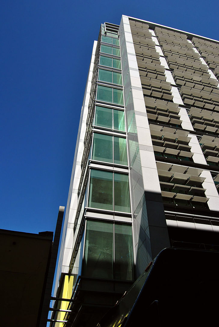 Rear of 525 Golden Gate at South West corner looking up at non-operable sun shades (Photo: Nam Henderson)