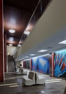 Lobby view with unique wall graphics of human x-rays.