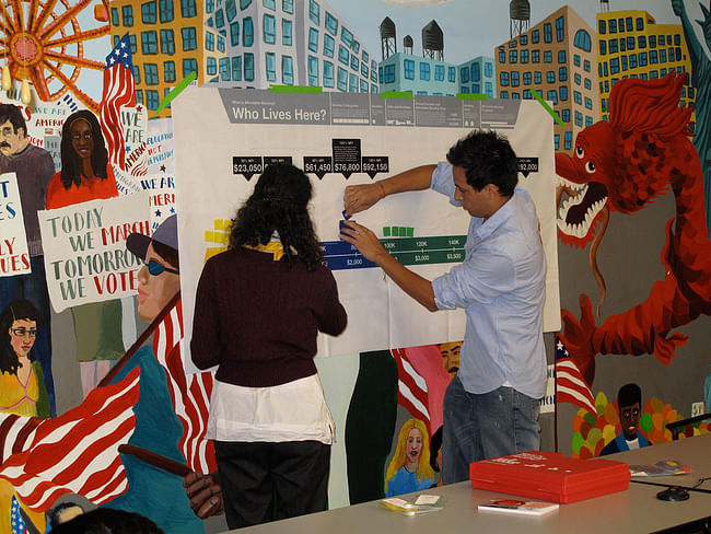 CUP: CUP’s affordable housing workshops employ interactive materials like this felt chart that maps the median income of a neighborhood (Photo: Center for Urban Pedagogy)