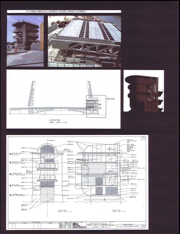 Construction site photos, Bridge Elevation with Control Tower, Control Tower North and East Elevations