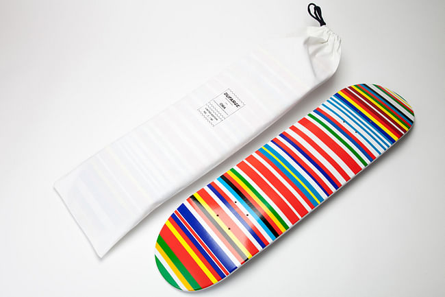 Rem Koolhaas Flag Deck: limited edition Dufarge skateboard deck screenprinted with OMA/AMO's EU Barcode flag. Image courtesy of Dufarge