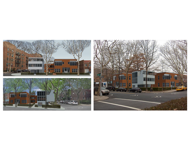 Three different perspectives of where the restored Aluminaire House and the adjacent residential building at the corner of 39th Ave and 50th Street in Sunnyside Gardens in Queens, New York.