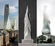 The three featured skyscraper proposals for 'TALLDC: New Monumentalism': The Iceberg, The Tiber, and The EVE.