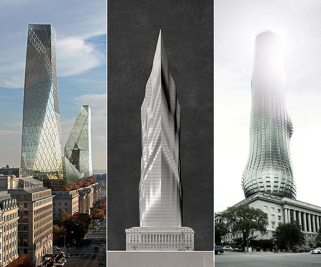 The three featured skyscraper proposals for 'TALLDC: New Monumentalism': The Iceberg, The Tiber, and The EVE.