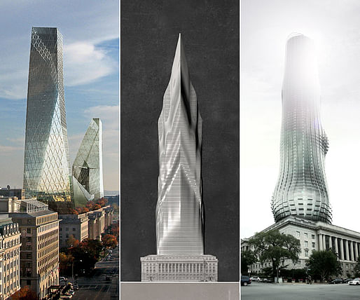 The three featured skyscraper proposals for "TALLDC: New Monumentalism": The Iceberg, The Tiber, and The EVE.