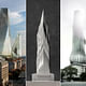 The three featured skyscraper proposals for 'TALLDC: New Monumentalism': The Iceberg, The Tiber, and The EVE.