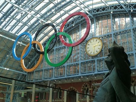 The Olympic Rings installed at St Pancras station, in advance of the 2012 London Summer Games. Photo: Wikipedia.