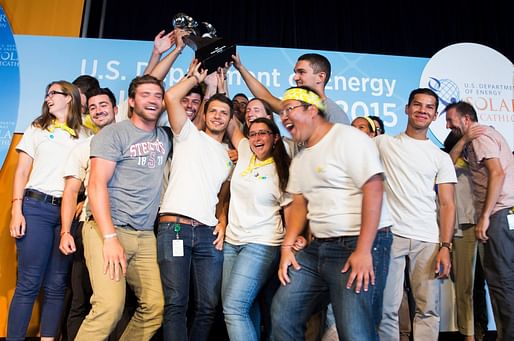 The Stevens Institute of Technology team celebrates their first-place win of the 2015 Solar Decathlon. Photo courtesy of Stevens Institute of Technology.