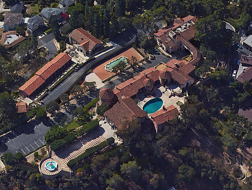 Aerial view of the not entirely unimpressive former convent in LA's upscale Los Feliz neighborhood. The sale of the property to Katy Perry is currently causing an uproar - no pun intended. (Image via Google Earth)