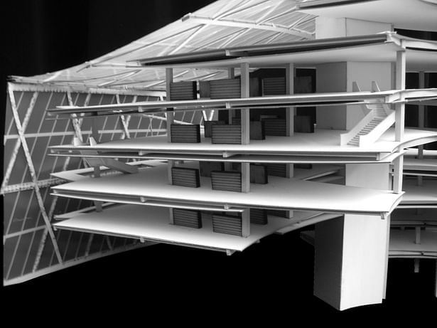 sectional model of project showing book stacks and reading spaces