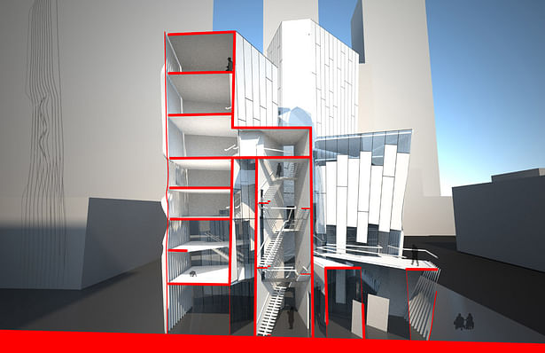 Rendered Section - vertical stacks per use typology (education, gallery, performance, administration and retail)