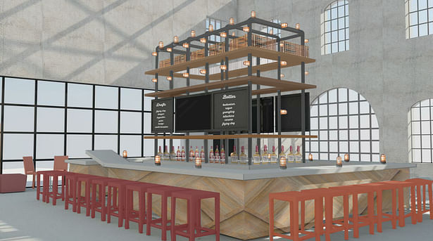 View of the Bar. The bar is built around a pipe structure. 