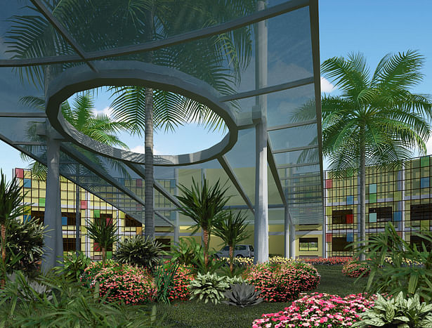 View of the canopy over the main entrance and porte cochere; rendered in Sketchup, with V-ray application, and edited in Photoshop