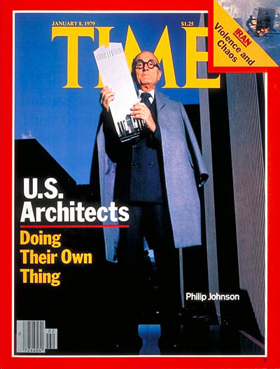 Philip Johnson gets to hold his little Johnson model of the AT&T building via Leibchen